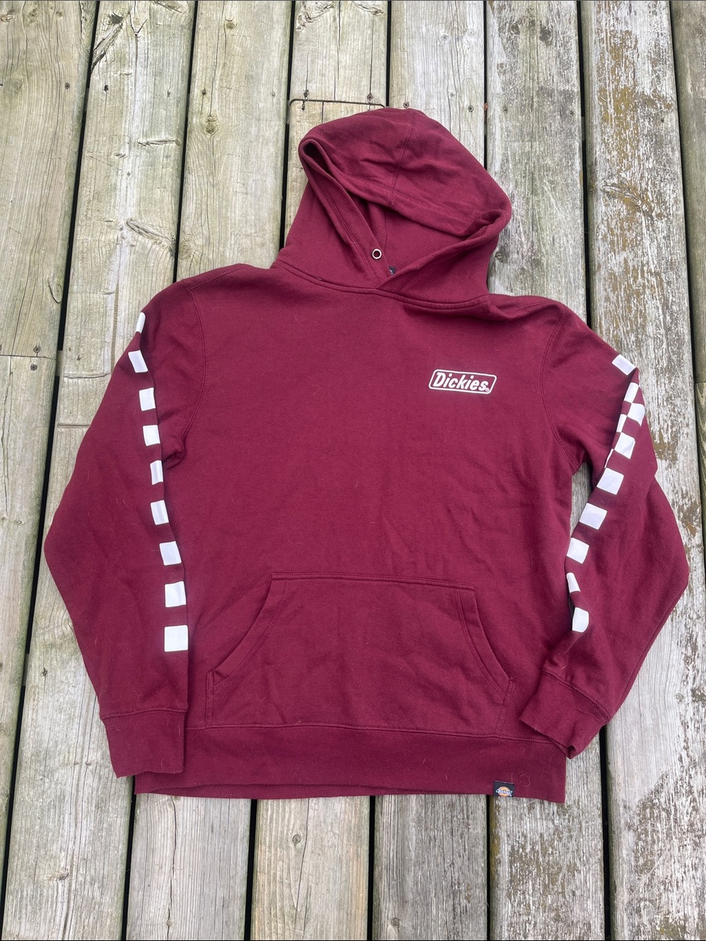 Dickies Maroon Pullover Hoodie with White Sleeve Checker Unisex Large